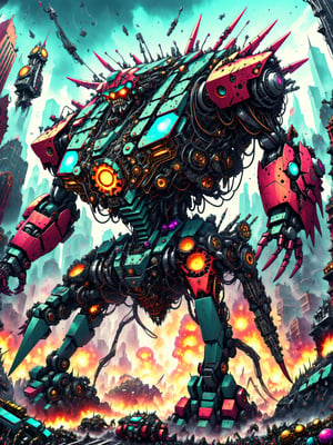 A massive looming gigantic killer robot, rampaging through a crowded city, smashing buildings, people fleeing in terror,  ultra intricate mechanical parts wires gears intricate inner workings, psychedelic to the max, best quality, CartooNuclear Meltdown style