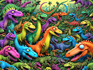 Dinosaurs, insane crazy whimsical wacky comical crazy cartoon Dinosaur debauchery, jam packed jurassic fantastic classic, comic cartoon psychedelic silly wonder, intricate, ultra-detailed, best quality, CartooNuclear Meltdown style, ,alien