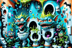 An outlandish whimsical crazy psychedelic insanity insane cartoon comical style image of a bunch of hilarious goofy silly stupid funny little ghoulish goblinesque bizarre little characters in a bathroom toilet potty theme scene, all these multitudes of wacky little monsters and wild little creatures are going completely bonkers flailing around screaming jumping smashing breaking stuff, unrolling all the toilet paper, squirting out all the toothpaste, unscrewing tops of soap bottles, all kinds of little prankster tricks and it's so funny, ultra-detailed, absurdres, masterpiece, best quality, ultra vivid crazy colors,InsaniToon art style