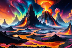 A cosmic landscape scene of an alien melty ooze magma slime geyser ooze volcano magical world, vivid rich colors, ancient abandoned unkown alien ruins, colorful goo slime ooze inferno world, close in orbit to a giant crazy star, crazy psychedelic auroras in star filled twilight sky, gushing goo geysers, flowing melty magma ooze rivers, huge looming slime spouting volcanic structures that defy comprehension, psychedelic colorscape, best quality, perfect detail, vivid color saturation, masterpiece, absurdres, Psychedelic alien worlds, sprawling cosmic colorscapes, ultra-detailed, intricate, elaborate, vivid, radiant, vibrant, smooth, no humans, partially anatomic ooze planet,Psychedelic alien worlds ,Sprawling cosmic colorscapes 