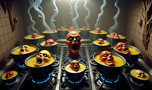 A giant stove with like 30 burner eyes on it in an insane surreal horrifying creepy creature kitchen, each stove eye has a stock pot on it cooking, in each pot is a different kind of creature or alien or persons severed head, floating in the steaming boiling stock, each head is still alive and screaming in agony, the facial expressions of pain and fear are vivid and unforgettable,  this is a really strange scary surreal Precisionistic hyper exaggerated realism depiction with no context of 30 different heads in 30 different stock pots on 30 eye stove all being boiled alive insanely and vividly, let the madness and bizarre terror commence