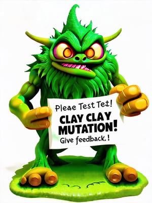 A cool monster guy holding a sign that says, (("PLEASE TEST (((CLAY MUTATION)))! GIVE FEEDBACK! THANK YOU!")) Huge sign easy to read, flawless spelling, clear and precise, (make sure you spell CLAY MUTATION correctly enhance focus on that detail being precise), ((the spelling and correct text is the most important aspect of this image)),Claymutation