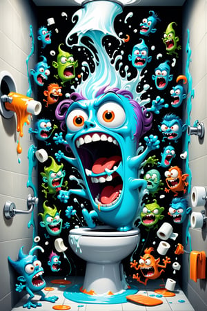 An outlandish whimsical crazy psychedelic insanity insane cartoon comical style image of a bunch of hilarious goofy silly stupid funny little ghoulish goblinesque bizarre little characters in a bathroom toilet potty theme scene, all these multitudes of wacky little monsters and wild little creatures are going completely bonkers flailing around screaming jumping smashing breaking stuff, unrolling all the toilet paper, squirting out all the toothpaste, unscrewing tops of soap bottles, all kinds of little prankster tricks and it's so funny, ultra-detailed, absurdres, masterpiece, best quality, ultra vivid crazy colors,InsaniToon art style