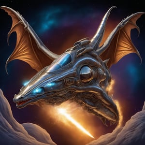 a dragon that is also a spaceship a metallic space ship shaped dragon flying through space at warp speeds,Disastartoon