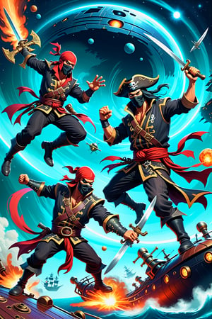 A ninja fighting a pirate in a duel to the death on a spaceship space pirate ship space ninjas, InsaniToon style ,InsaniToon style 