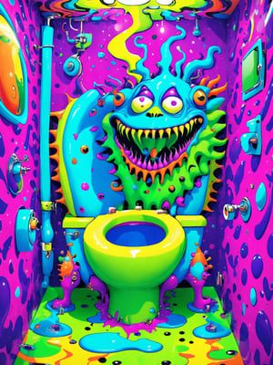 A crazy cool comical cartoon creature, vivid psychedelic bathroom humor, best quality, 