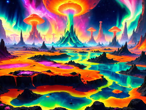 A distant world, a strange psychedelic partially volcanic scene, remnants of an ancient civilization, (ruins and crumbled monuments), (desolate yet vivid bizarre otherworldly plant life reclaiming a once apocalyptic alien wasteland), ((beautiful auroras in the star filled night sky)), (craters and visible signs of ancient destruction now overgrown and filled with strange colored toxic liquid), ((ambient soft bioluminescent glow from mutated plant life so weird and alien)), (bubbling geysers and magma oozing up from cracks in the ground),
a truly unique original breathtaking vast grandiose scene of an alien world once populated but now an apocalyptic ruin, being reclaimed by the flora that survived and mutated to survive and thrive, in the dead of night, illuminated only by the glow of the overgrowth and the brilliant auroras shimmering in the night sky, vivid rich intense colors, hyperrealistic surreal Precisionistic psychedelic landscape scenery, Psychedelic alien worlds, ,Sprawling cosmic colorscapes ,art_booster,Landscape