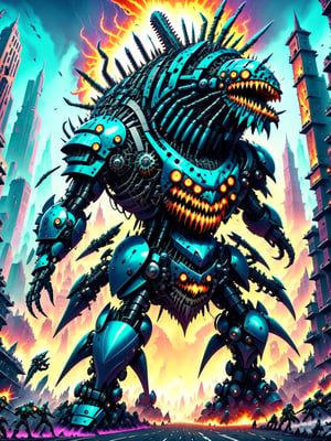 A massive looming gigantic killer robot, rampaging through a crowded city, smashing buildings, people fleeing in terror,  ultra intricate mechanical parts wires gears intricate inner workings, psychedelic to the max, best quality, CartooNuclear Meltdown style,2D