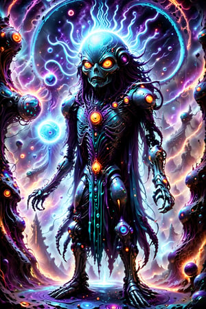 Psychedelic cybernetic sorcerer using technomancy magic and technology to conjure spirits from cyberspace out of the digital dimension into the physical world, epic sci fi fantasy crazy cool colorful creative  fusion of futurism and mysticism 