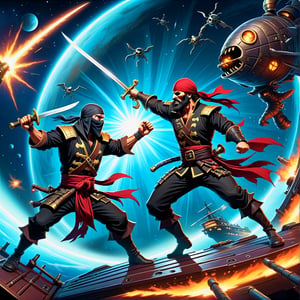 A ninja fighting a pirate in a duel to the death on a spaceship space pirate ship space ninjas, InsaniToon style 