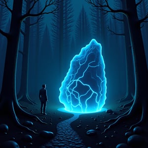 Alone in the cold dark ominous eerie woods at dead of night, a lost person tries to stay warm huddling up against a peculiar glowing misshapen rock, the rock is emitting visible wavelengths that create a very psychedelic hallucinatory visual effect, overlapping and multiple layering of these visible wavelengths results in one of those stare at the image until the hidden 3D image within the image becomes visible type of effect, enhance sharpness and enhance hdr lines effects as well