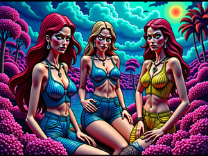 with vivid colors and intense intricate elaborate fine detail, beautiful women on a beautiful day having a beautiful time living life beautifully, (creepy slight very subtle horror undertones)