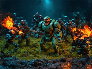 an intense epic mid battle in combat scene of a small squad of exosuit wearing futuristic soldiers with advanced weaponry and heavy suits of space armor similar to space marine, fighting back a giant hoarde of invading alien creatures, and attacking mutated monsters, maddening cosmic creature horrors, terrifying trippy extraterrestrial abominations, vile deformed ooze monsters, blobs of poisonous slime, giant sharo fanged multi eyed beasts, all manner of evil demented twisted otherworldy creature is overrunning the last defense outpost and this small squad of super soldier marine troopers is holding the line with their flamethrowers and miniguns and laser weapons and chainsaw swords and such, it is a vivid intense epic cinematic wartorn masterpiece of stop motion claymation animation action figurine type diorama display aesthetic look grandiose and vast crowded complex composition, Claymutation