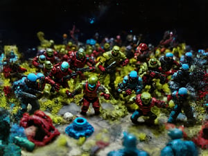 (a group of futuristic human space soldiers) fighting against a onslaught of crazy alien invaders, it is a vivid intense epic cinematic wartorn masterpiece of stop motion claymation animation action figurine type diorama display aesthetic look grandiose and vast crowded complex composition, (the humans and the alien eldritch horror creatrures are seperate do not combine them into one being) Claymutation