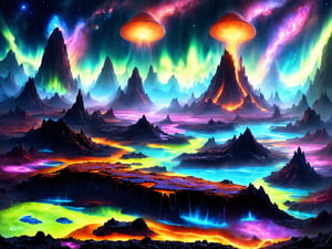 A distant world, a strange psychedelic partially volcanic scene, remnants of an ancient civilization, (ruins and crumbled monuments), (desolate yet vivid bizarre otherworldly plant life reclaiming a once apocalyptic alien wasteland), ((beautiful auroras in the star filled night sky)), (craters and visible signs of ancient destruction now overgrown and filled with strange colored toxic liquid), ((ambient soft bioluminescent glow from mutated plant life so weird and alien)), (bubbling geysers and magma oozing up from cracks in the ground),
a truly unique original breathtaking vast grandiose scene of an alien world once populated but now an apocalyptic ruin, being reclaimed by the flora that survived and mutated to survive and thrive, in the dead of night, illuminated only by the glow of the overgrowth and the brilliant auroras shimmering in the night sky, vivid rich intense colors, hyperrealistic surreal Precisionistic psychedelic landscape scenery, Psychedelic alien worlds ,Fizzlespell style ,Sprawling cosmic colorscapes 