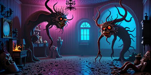 Eerie creepy crazy colorful creature infested  old mansion, mutated monsters lurking, cazy creature's prowling, these two girls are lost in the most surreal strange scary old mansion, trying to escaoe the horrors within 