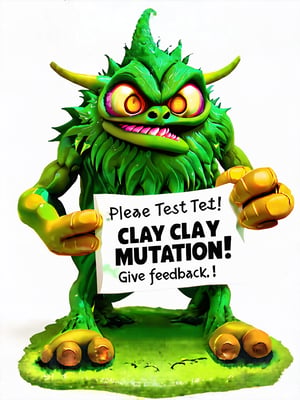 A cool monster guy holding a sign that says, (("PLEASE TEST (((CLAY MUTATION)))! GIVE FEEDBACK! THANK YOU!")) Huge sign easy to read, flawless spelling, clear and precise, (make sure you spell CLAY MUTATION correctly enhance focus on that detail being precise), ((the spelling and correct text is the most important aspect of this image)),Claymutation