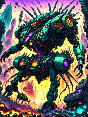 A massive looming gigantic killer robot, rampaging through a crowded city, smashing buildings, people fleeing in terror,  ultra intricate mechanical parts wires gears intricate inner workings, psychedelic to the max, best quality, CartooNuclear Meltdown style