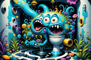 a secret comical outlandish wacky weird whimsical horrifying nightmarish wonderland exists underneath your toilet, a magical enchanted potty toilet bathroom themed psychedelic underground world, fantastical exaggerated excessive elaborate eccentric trippy toilet cartoon toon world, multitudes tons hundreds thousands of various toilet potty themed little goofy strange critters and mean looking tough tiny monster guys and hundreds of creatures with toilet bathroom physical features, crowded composition, the entire goofy wild underground toilet town is ultra psychedelic vivid colored crazy cartoon excessive exaggerated outlandish over the top style with influence from things such as the mask, the maxx, the tick, jim henson creature workshop, tim burton animation, Digimon, toxic crusaders, street sharks, aeon flux, kablam!, and ahh real monsters, all in the most ultra-detailed psychedelic insanity InsaniToon art style, ultra-detailed, absurdres, best quality, hypersurrealism, comical goofy whimsical funny wacky weird creepy quirky strange unsettling unnerving hilarious stupid toilet cartoon wonderland, through the drain pipe follow the yellow critter down swirl around and around until you end up in flushworld under the ground a psychedelic place thats oh so profound!, InsaniToon art style, Psychedelic Insanity style, psychedelic sprawling potty cosmic toilet colorscape