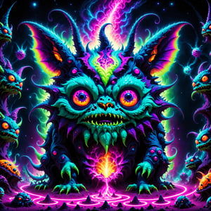 Using the full intensity and power of 80s retro vector neon vivid glowing neon style, take the collective imagery of psychedelic gremlins, trippy critters, hallucinatory ghoulies, and ultra psychedelic boglins toys and blend them all together with an enhanced focus on cuteness and strangeness into one ultimate glowing hot vibrant multi neon colored psychedelic 80s strange cute creature, like a mogwai mixed with a furbie and a gremlin and a ghoulie on neon infused lsd, ultra vivid hyper neon colors, cute, weird, silly, strange, psychedelic, absolute ultimate neon colored creature craziness, , (ultra-detailed), (best quality), ((masterpiece)), {{ultra-realistic}}, absolute perfection,  flawless precision, hyper realistic, intricate elaborate detailing,Fizzlespell style,CartooNuclear Meltdown style,Psychedelic Insanity style ,InsaniToon style ,Psychedelic alien worlds 