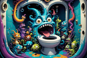 a secret comical outlandish wacky weird whimsical horrifying nightmarish wonderland exists underneath your toilet, a magical enchanted potty toilet bathroom themed psychedelic underground world, fantastical exaggerated excessive elaborate eccentric trippy toilet cartoon toon world, multitudes tons hundreds thousands of various toilet potty themed little goofy strange critters and mean looking tough tiny monster guys and hundreds of creatures with toilet bathroom physical features, crowded composition, the entire goofy wild underground toilet town is ultra psychedelic vivid colored crazy cartoon excessive exaggerated outlandish over the top style with influence from things such as the mask, the maxx, the tick, jim henson creature workshop, tim burton animation, Digimon, toxic crusaders, street sharks, aeon flux, kablam!, and ahh real monsters, all in the most ultra-detailed psychedelic insanity InsaniToon art style, ultra-detailed, absurdres, best quality, hypersurrealism, comical goofy whimsical funny wacky weird creepy quirky strange unsettling unnerving hilarious stupid toilet cartoon wonderland, through the drain pipe follow the yellow critter down swirl around and around until you end up in flushworld under the ground a psychedelic place thats oh so profound!, InsaniToon art style, Psychedelic Insanity style, psychedelic sprawling potty cosmic toilet colorscape