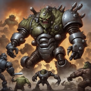 Monstrous robot monster robots fighting trolls and ogres in a Demented strange deranged sci fi fantasy fusion of fantastical outlandish proportions,

,Disastartoon