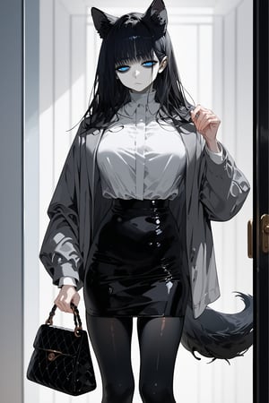 score_9, score_8, score_7, curvy, 1girl, solo, curvy, tall, big blue eyes, long, dark hair, tired, (long grey formal jacket), big_boobs, (holding a handbag), pale skin, fluffy animal ears, white fluff, black wolf ears, black dog tail, (white formal shirt)), bang, knee long pencil skirt, black tights, mouth closed, (looking at viewer), indoor, (apartment entrance door background), viewed_from_side, sagawa, detailed character,Minimalism interior