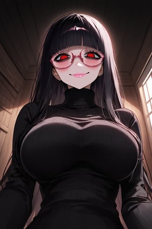 1girl, solo, looking at viewer, blush, shoulder-long hair, bangs, large breasts, black hime cut, (red eyes), dark night room, lust, long sleeves, closed mouth, upper body, black round glasses, indoors, white pupils, sweater, lips, turtleneck, looking down, from below, semi-rimless eyewear, ribbed sweater, red-framed eyewear, under-rim eyewear, turtleneck sweater, black sweater, ceiling, ((seductive look)), lustfull, yandere, (sexy), crazy eyes, obsessed, possessive,dark room, wooden cabin, loving eyes, messy hair, (pinning down viewer), (sinister smile), extreme close up, lie on top of viewer pov, gentle smile, pov form below, scenery,((on top of viewer)), simple background, detailed character, beautiful,eyes half closed, curvy, milf, blushing, (smug),Expressiveh,m0n3t,mirham,Beautiful Eyes,Eyes,uneven eyes,sagawa