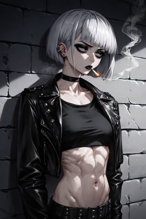 score_9, score_8, score_7, 1girl, solo, short silver hair, ear piercing, black lipstick, big_boobs, goth, tall, intimidating, dialated pupils, leather_jacket, choker, upper body, bangs on both sides of the face, black crop top, cold expression, mouth closed, (looking away), (looking with indifference), smoking a cigarette, outdoor, (inght city corner background), leanin on  wall viewed_from_side, dimly lit, sagawa, scenery, toned stomach, black eyes, bob hairstyle, detailed character, thick eyeliner, realistic body proportions,