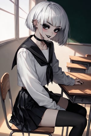 score_9, score_8, score_7, 1girl, solo, big eyes short silver white hair, ear piercing, (blushing), black lipstick, mischievous smile, seductive eyes, (high black stockings), big_boobs, goth, tall, delinquent, black school uniform, choker, bangs on both sides of the face, short skirt, mouth closed, (looking at viewer), indoor, (empty classroom background), seating on school desk, viewed_from_side, dimly lit, sagawa, scenery, black eyes, bob hairstyle, detailed character, thick eyeliner,school uniform