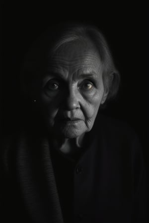 solo, (looking at viewer), facing viewer, surrounded by darkness, fully dark background, emerges from backgorund darkness, slightly lightened face, realistic, old woman, standing still, menacing, unsettling, monochrome, upper body