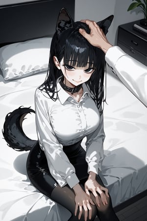 score_9, score_8, score_7, curvy, 1girl, solo, curvy, tall, big blue eyes, long, dark hair, tired, blushing, smiling seductively, big_boobs, pale skin, black dog collar, sitting on bed, fluffy animal ears, (white fluff), black wolf ears, black dog tail, ((white formal shirt)), long sleeves, bang, pov giving a headpat ,viewer's hand on hair,knee long pencil skirt, black tights, mouth closed, (looking at viewer), indoor, (apartment bedroom), from above, viewed_from_side, sagawa, detailed character,Minimalism interior, pov hands