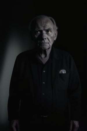 solo, (looking at viewer), facing viewer, surrounded by darkness, fully dark background, emerges from backgorund darkness, slightly lightened face, camera is the weak light source, realistic, old man, standing still, menacing, unsettling, monochrome, upper body