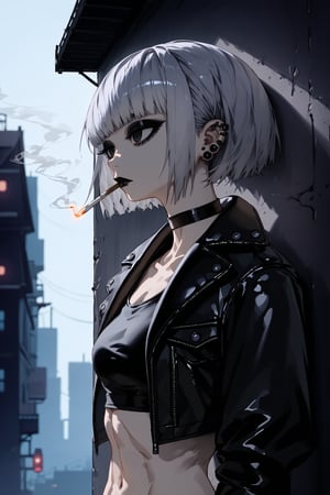 score_9, score_8, score_7, 1girl, solo, big eyes short silver hair, ear piercing, black lipstick, big_boobs, goth, tall, leather_jacket, choker, upper body, bangs on both sides of the face, black crop top, mouth closed, (looking away), smoking a cigarette, outdoor, (night city corner background), leanin on wall, viewed_from_side, dimly lit, sagawa, scenery, toned stomach, black eyes, bob hairstyle, detailed character, thick eyeliner, wide body