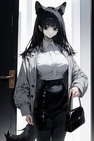 score_9, score_8, score_7, curvy, 1girl, solo, curvy, tall, big blue eyes, long, dark hair, tired, (long grey formal jacket), big_boobs, (holding a handbag), pale skin, fluffy animal ears, white fluff, black wolf ears, black dog tail, (white formal shirt)), bang, knee long pencil skirt, black tights, mouth closed, (looking at viewer), indoor, (apartment entrance door background), viewed_from_side, sagawa, detailed character,Minimalism interior