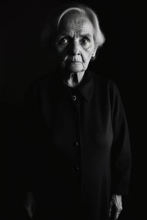 solo, (looking at viewer), facing viewer, surrounded by darkness, fully dark background, emerges from backgorund darkness, slightly lightened face, camera is the weak light source, realistic, old woman, standing still, menacing, unsettling, monochrome, upper body