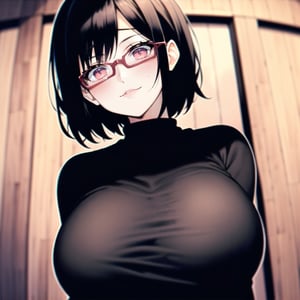 1girl, female, short hair, black hair, (yandere), black sweater, comfy clothes, beautiful face, cute, looking at viewer, soft lips, red eyes, seductive look, soft smile, happy, red hair clipper, chubby face, round face, round big glasses, innocent, big breasts, curvy, indoor background, wooden cabin, wooden walls, 