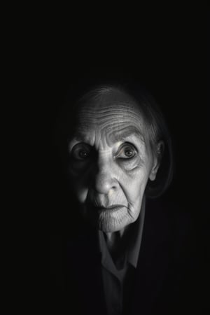 solo, (looking at viewer), facing viewer, surrounded by darkness, fully dark background, emerges from backgorund darkness, slightly lightened face, camera is the weak light source, realistic, old woman, standing still, menacing, unsettling, monochrome, upper body