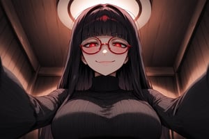 1girl, solo, looking at viewer, blush, shoulder-long hair, bangs, large breasts, black hime cut, (red eyes), dark night room, lust, long sleeves, leaning for the kiss, closed mouth, upper body, black round glasses, indoors, white pupils, sweater, lips, turtleneck, looking down, from below, semi-rimless eyewear, ribbed sweater, red-framed eyewear, under-rim eyewear, turtleneck sweater, black sweater, ceiling, ((seductive look)), lustfull, yandere, (sexy), crazy eyes, obsessed, possessive,dark room, wooden cabin, loving eyes, messy hair, (pinning down viewer), (sinister smile), extreme close up, lie on top of viewer pov, gentle smile, pov form below, scenery,((on top of viewer)), simple background, detailed character, beautiful,eyes half closed, curvy, milf, blushing, (smug),Expressiveh,m0n3t,mirham,Beautiful Eyes,Eyes,uneven eyes,sagawa