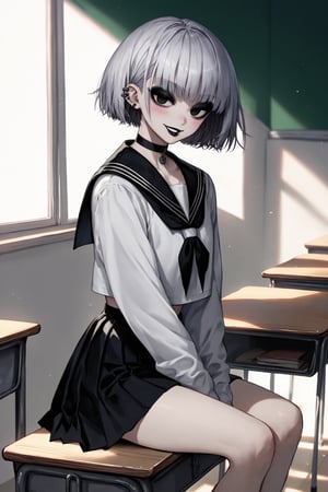 score_9, score_8, score_7, 1girl, solo, big eyes short silver hair, ear piercing, blushing, black lipstick, mischievous smile, seductive eyes, big_boobs, goth, tall, delinquent, black school uniform, choker, bangs on both sides of the face, short skirt, mouth closed, (looking at viewer), indoor, (empty classroom background), seating on school desk, viewed_from_side, dimly lit, sagawa, scenery, black eyes, bob hairstyle, detailed character, thick eyeliner, wide body