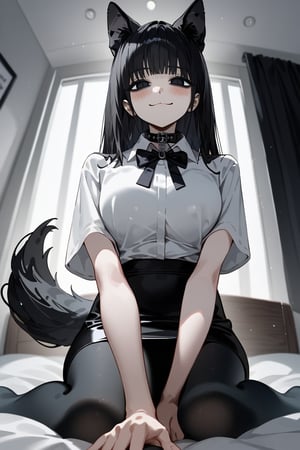 score_9, score_8, score_7, curvy, 1girl, solo, curvy, tall, big blue eyes, long, dark hair, tired, blushing, smiling seductively, big_boobs, pale skin, black dog collar, sitting on bed, fluffy animal ears, white fluff, black wolf ears, black dog tail, (white formal shirt)), bang, pov headpats,knee long pencil skirt, black tights, mouth closed, (looking at viewer), indoor, (apartment bedroom), from below, viewed_from_side, sagawa, detailed character,Minimalism interior