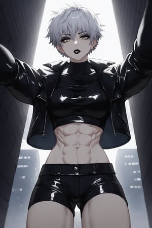 Tall and imposing, the goth tomboy stands confidently in the midst of a dark blue evening sky. Her short silver hair is styled in a karee hairdo, framing her angular face with black lipstick and thick eyeliner. Her big, muscular physique is accentuated by a leather jacket, which hangs loosely from her shoulders. Her eyes reveal a tender and loving gaze as she gazes directly at the viewer. Her ear piercing sparkles in the dim light, while her abs are defined beneath her jacket. In the background, the simplicity of a city street wall provides a striking contrast to the subject's boldness. The atmosphere is intimate, with the girl leaning close to a viewer. From the POV perspective, she holds and kisses a hand that heaches bihind the camera angle. Score: 9.