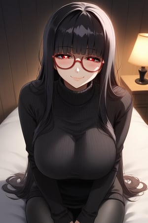 1girl, solo, looking at viewer, blush, (short shoulder-long hair), bangs, large breasts, black hime cut, (red eyes), dark night room, long sleeves, closed mouth,black tights, sweather dress, black round glasses, indoors, white pupils, sweater, lips, turtleneck, semi-rimless eyewear, ribbed sweater, red-framed eyewear, under-rim eyewear, turtleneck sweater, black sweater, ((innocent look)), yandere, (sexy), affectionate, dark room, wooden cabin, loving eyes, messy hair, (sitting on the side of a bed), gentle smile,  simple background, detailed character, beautiful,eyes half closed, curvy, milf, blushing, (smug), mirham,Beautiful Eyes,Eyes,uneven eyes,sagawa