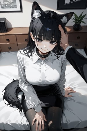 score_9, score_8, score_7, curvy, 1girl, solo, curvy, tall, big blue eyes, long, dark hair, tired, blushing, smiling seductively, big_boobs, pale skin, black dog collar, sitting on bed, fluffy animal ears, (white fluff), black wolf ears, black dog tail, ((white formal shirt)), long sleeves, bang, pov giving a headpat ,viewer's hand on hair,knee long pencil skirt, black tights, mouth closed, (looking at viewer), indoor, (apartment bedroom), from above, viewed_from_side, sagawa, detailed character,Minimalism interior, pov hands