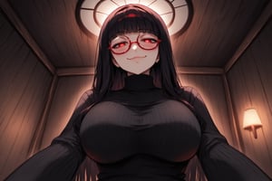 1girl, solo, looking at viewer, blush, shoulder-long hair, bangs, large breasts, black hime cut, (red eyes), dark night room, lust, long sleeves, leaning for the kiss, closed mouth, upper body, black round glasses, indoors, white pupils, sweater, lips, turtleneck, looking down, from below, semi-rimless eyewear, ribbed sweater, red-framed eyewear, under-rim eyewear, turtleneck sweater, black sweater, ceiling, ((seductive look)), lustfull, yandere, (sexy), crazy eyes, obsessed, possessive,dark room, wooden cabin, loving eyes, messy hair, (pinning down viewer), (sinister smile), extreme close up, lie on top of viewer pov, gentle smile, pov form below, scenery,((on top of viewer)), simple background, detailed character, beautiful,eyes half closed, curvy, milf, blushing, (smug),Expressiveh,m0n3t,mirham,Beautiful Eyes,Eyes,uneven eyes,sagawa