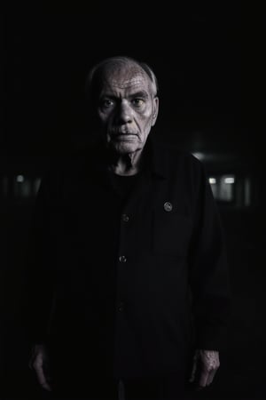 solo, (looking at viewer), facing viewer, surrounded by darkness, fully dark background, emerges from backgorund darkness, slightly lightened face, camera is the weak light source, realistic, old man, standing still, menacing, unsettling, monochrome, upper body