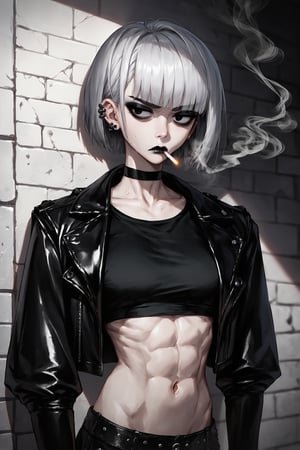 score_9, score_8, score_7, 1girl, solo, short silver hair, ear piercing, black lipstick, big_boobs, goth, tall, intimidating, dialated pupils, leather_jacket, choker, upper body, bangs on both sides of the face, black crop top, cold expression, mouth closed, (looking away), (looking with indifference), smoking a cigarette, outdoor, (inght city corner background), leanin on  wall viewed_from_side, dimly lit, sagawa, scenery, toned stomach, black eyes, bob hairstyle, detailed character, thick eyeliner, realistic body proportions,