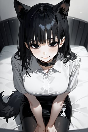 score_9, score_8, score_7, curvy, 1girl, solo, curvy, tall, big blue eyes, long, dark hair, tired, blushing, smiling seductively, big_boobs, pale skin, black dog collar, sitting on bed, fluffy animal ears, white fluff, black wolf ears, black dog tail, (white formal shirt)), bang, pov headpats,knee long pencil skirt, black tights, mouth closed, (looking at viewer), indoor, (apartment bedroom), from above, viewed_from_side, sagawa, detailed character,Minimalism interior