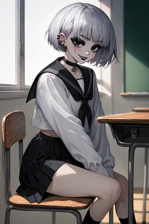 score_9, score_8, score_7, 1girl, solo, big eyes short silver hair, ear piercing, blushing, black lipstick, mischievous smile, seductive eyes, big_boobs, goth, tall, delinquent, black school uniform, choker, bangs on both sides of the face, short skirt, mouth closed, (looking at viewer), indoor, (empty classroom background), seating on school desk, viewed_from_side, dimly lit, sagawa, scenery, black eyes, bob hairstyle, detailed character, thick eyeliner, wide body