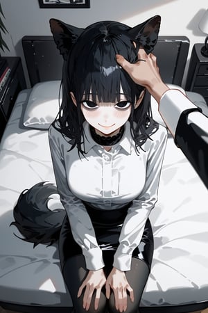 score_9, score_8, score_7, curvy, 1girl, solo, curvy, tall, big blue eyes, long, dark hair, tired, blushing, smiling seductively, big_boobs, pale skin, black dog collar, sitting on bed, fluffy animal ears, (white fluff), black wolf ears, black dog tail, ((white formal shirt)), long sleeves, bang, pov giving a headpat ,viewer's hand on hair,knee long pencil skirt, black tights, mouth closed, (looking at viewer), indoor, (apartment bedroom), from above, viewed_from_side, sagawa, detailed character,Minimalism interior, pov hands